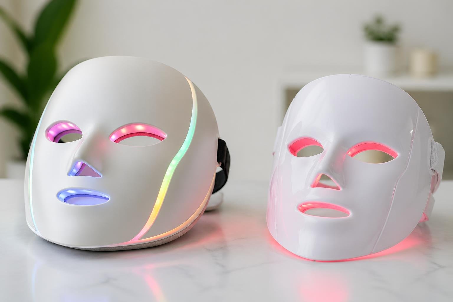 Two LED face masks side by side on a white surface, showing a high-end mask with sleek design next to a simpler, cheaper mask.