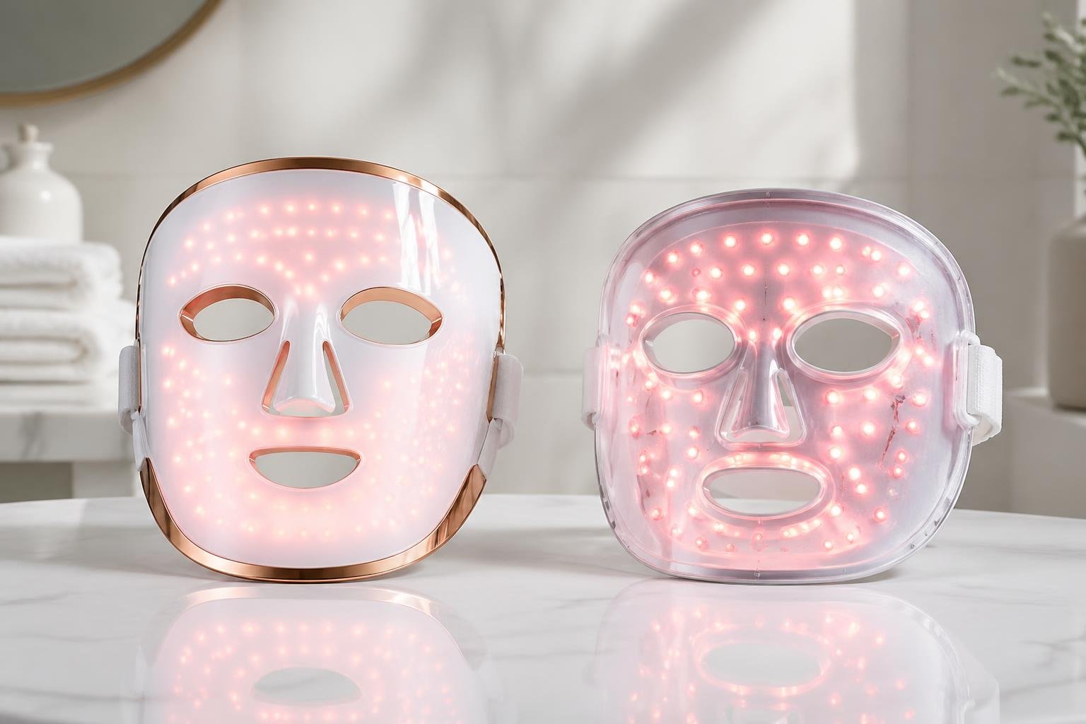 Two LED face masks placed side by side on a white surface, showing a sleek high-end mask next to a simpler cheaper alternative.