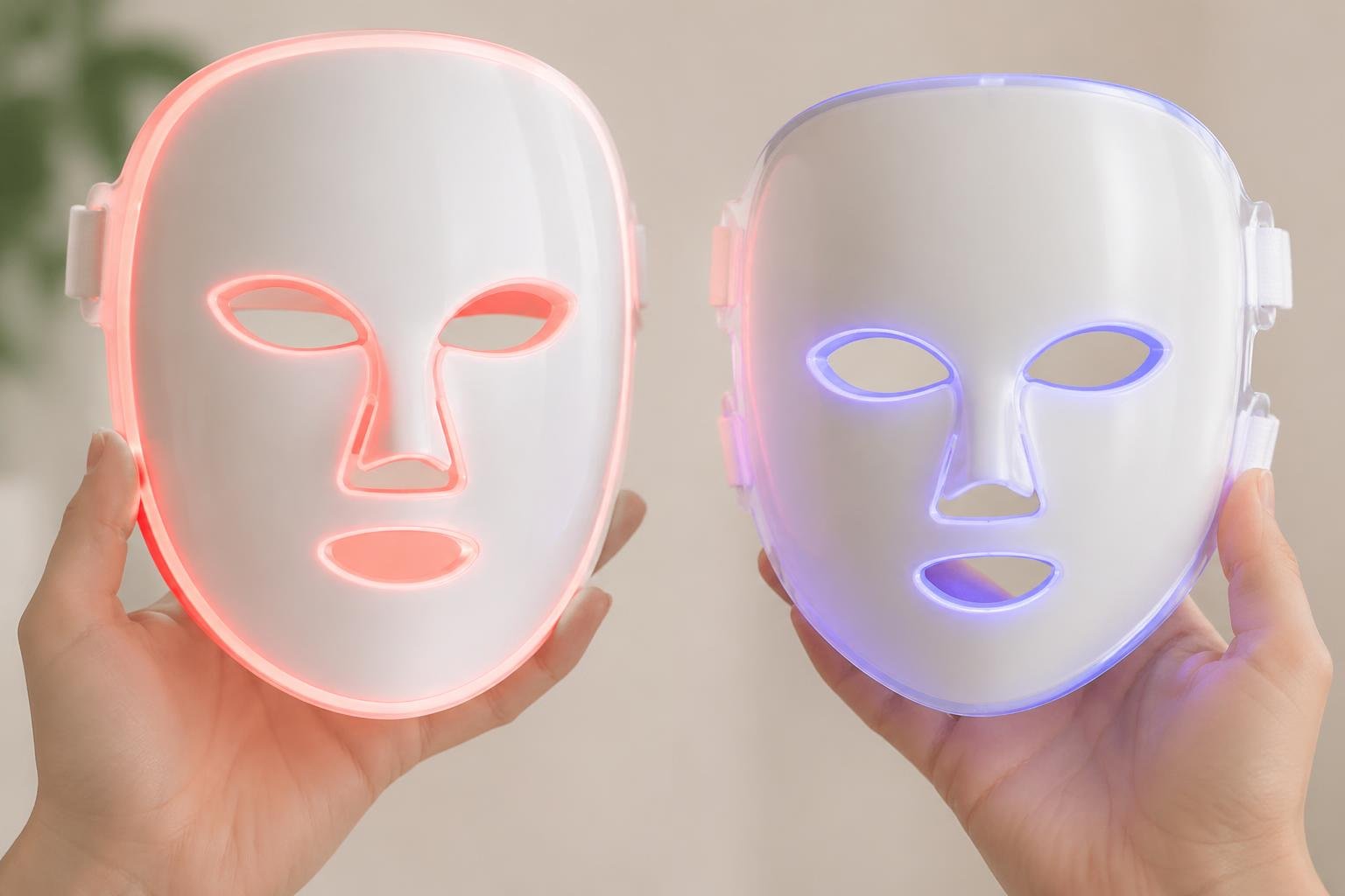 Two hands holding different LED face masks side by side against a plain background, showing a comparison of their design and build quality.
